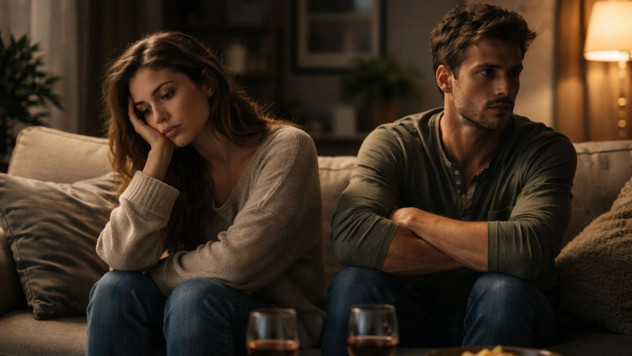 According to a psychologist, this factor in your relationship might be causing your sense of boredom. Generate me a Thumbnail(16:9 composition) by keeping no text in it. Please generate the image Dramatic, Realistic and Cinematic. Keep a person in it who's suffering from the problem as mentioned in the title